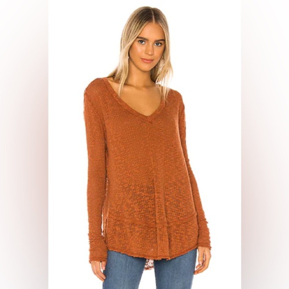 FREE PEOPLE “Ocean Air” Hacci Sweater Pullover V-Neck Top in Copper 100% Cotton